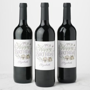 Personalised Name Florals Happy Birthday for Her Wine Label