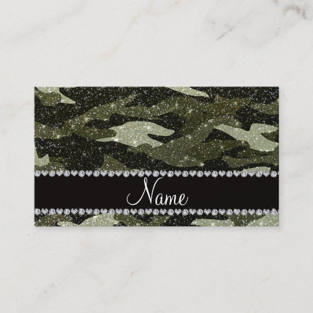 Personalised name forest green glitter camouflage calling card (Front)