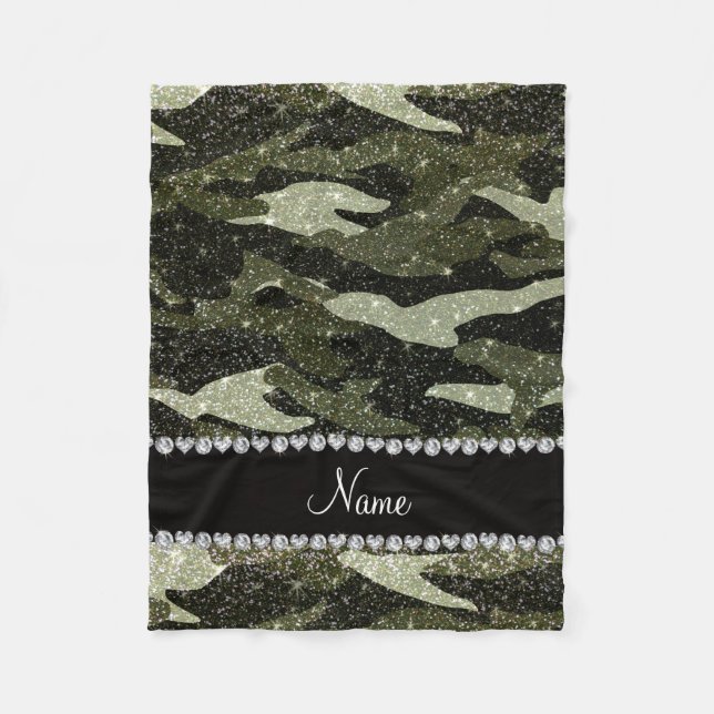Personalised name forest green glitter camouflage fleece blanket (Front)