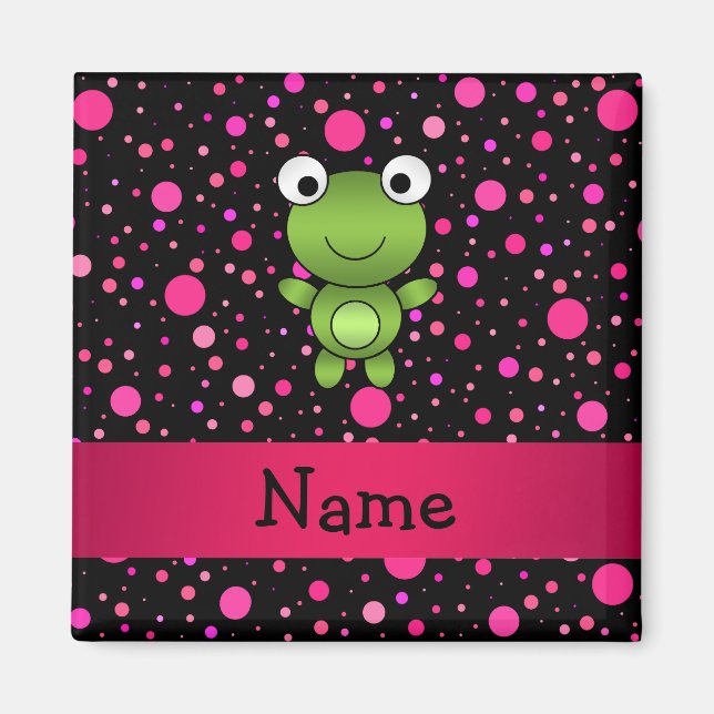 Personalised name frog black pink polka dots magnet (Front)