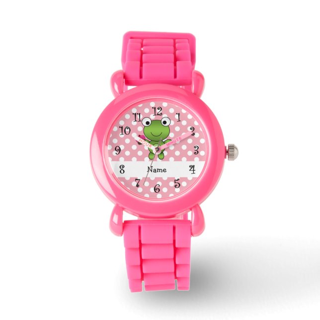 Personalised name frog cupcake pink polka dots watch (Front)