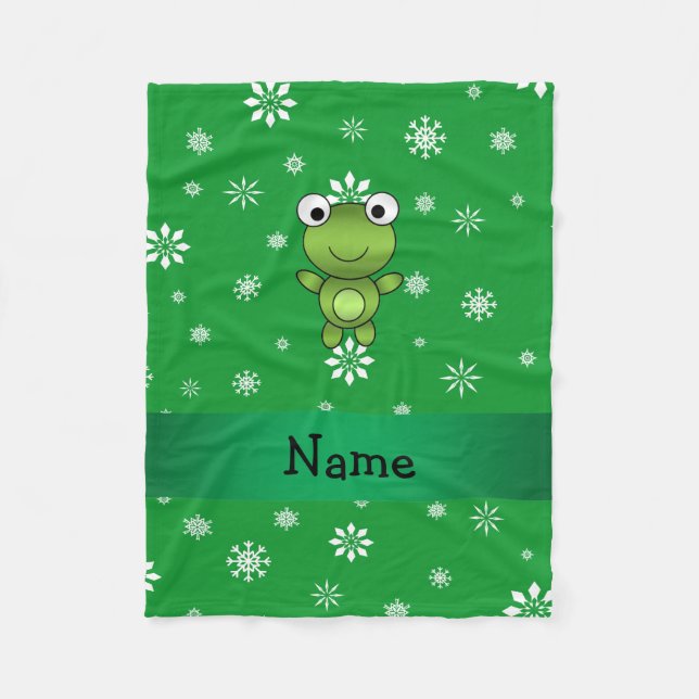 Personalised name frog green snowflakes fleece blanket (Front)