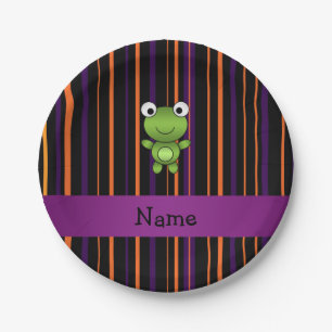 Personalised name frog halloween stripes paper plate