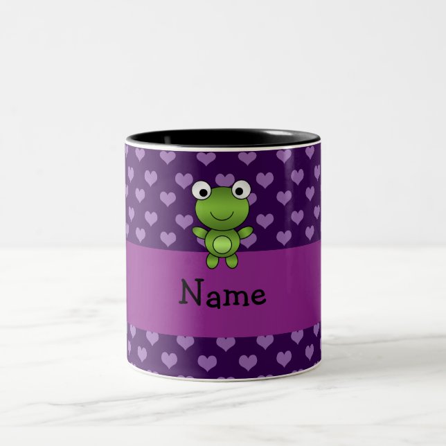 Personalised name frog purple hearts Two-Tone coffee mug (Center)