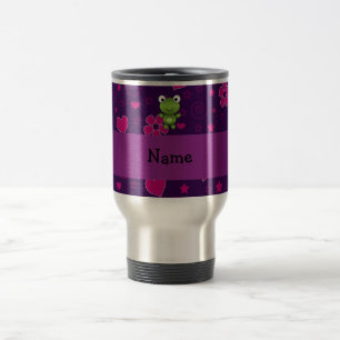 Personalised name frog purple pink flowers hearts travel mug