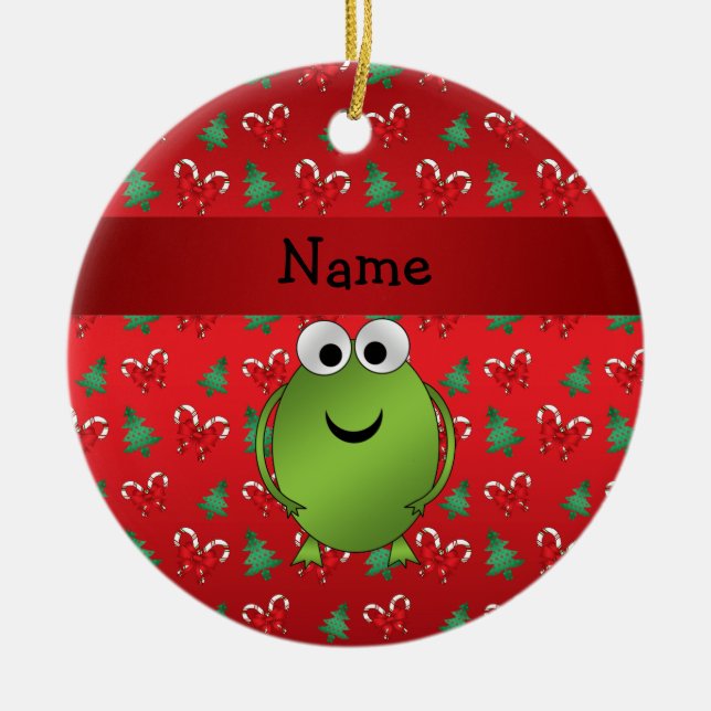 Personalised name frog red candy canes trees ceramic tree decoration (Front)