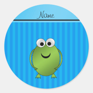 Personalised name frog sky blue stripes classic round sticker