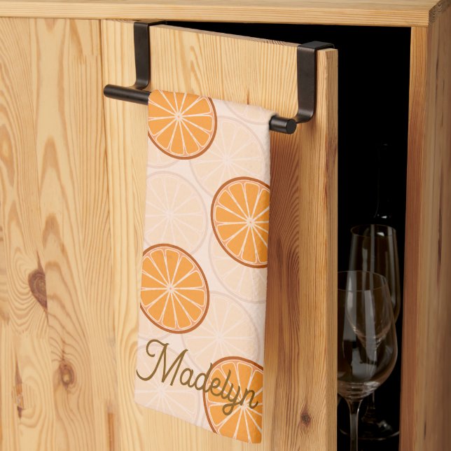Personalised name fruit orange and brown tea towel (Thirds Fold)