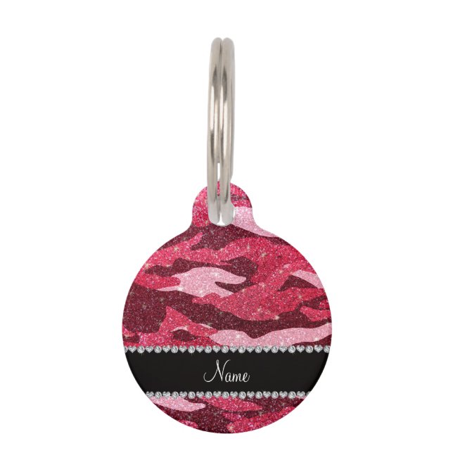 Personalised name fuchsia pink glitter camouflage pet tag (Front)