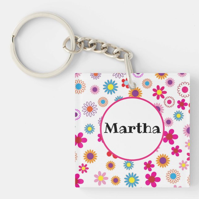 Personalised Name Fun Colourful Happy Flowers  Key Ring (Front)