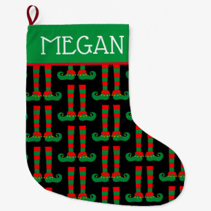 Personalised name funny big elf feet pattern large christmas stocking