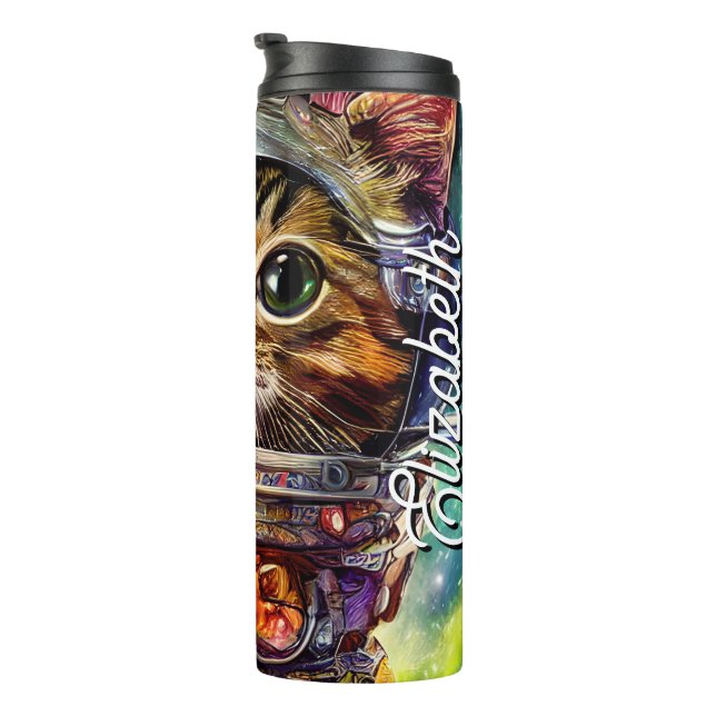 Personalised Name Futuristic Space Cat Thermal Tumbler (Rotated Right)