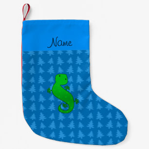 Personalised name gecko blue christmas trees small christmas stocking
