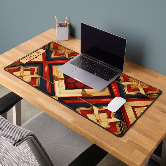 Personalised Name Geometric Elegance Red Gold Desk Mat (Office 2)