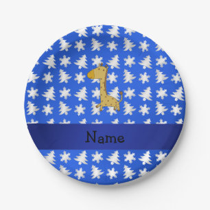 Personalised name giraffe blue snowflakes trees paper plate
