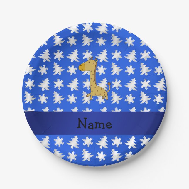 Personalised name giraffe blue snowflakes trees paper plate (Front)
