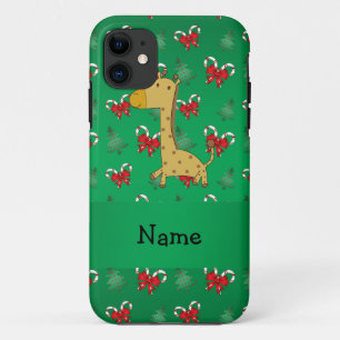 Personalised name giraffe green candy canes bows iPhone 11 case