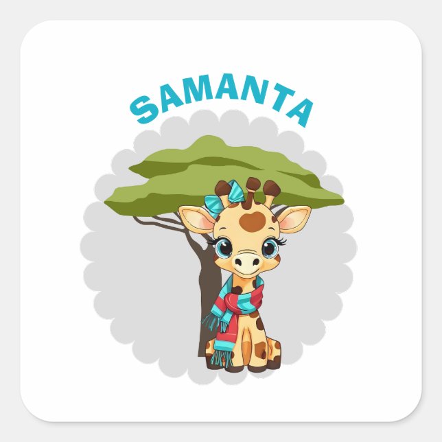 Personalised "Name" Giraffe in the Savanna Waterp Square Sticker (Front)