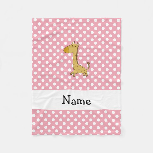 Personalised name giraffe pink polka dots fleece blanket (Front)