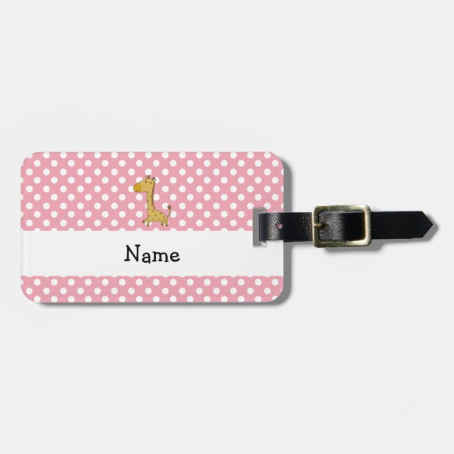 Personalised name giraffe pink polka dots luggage tag (Front Horizontal)