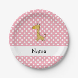 Personalised name giraffe pink polka dots paper plate