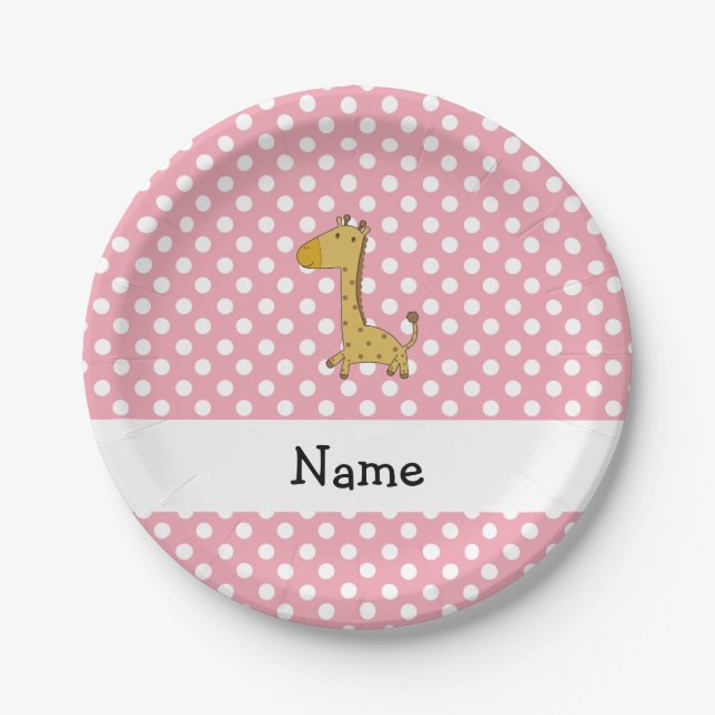 Personalised name giraffe pink polka dots paper plate (Front)