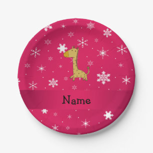 Personalised name giraffe pink snowflakes paper plate
