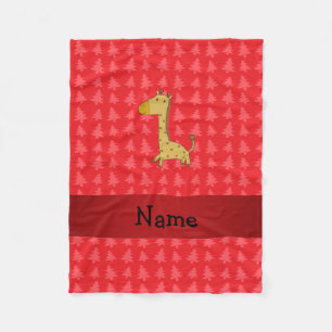 Personalised name giraffe red christmas trees fleece blanket