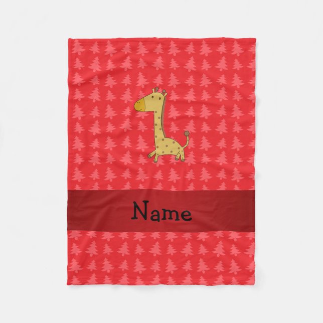 Personalised name giraffe red christmas trees fleece blanket (Front)