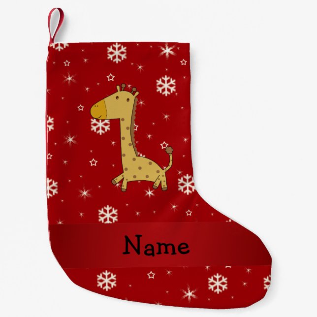 Personalised name giraffe red snowflakes small christmas stocking (Front)