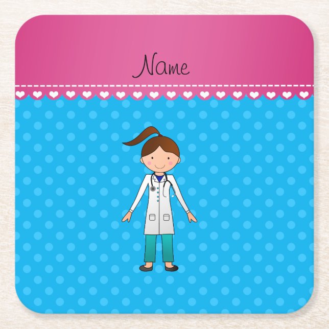Personalised name girl doctor blue polka dots square paper coaster (Front)