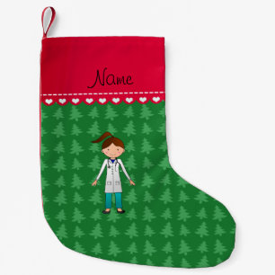 Personalised name girl doctor green trees small christmas stocking