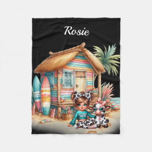 personalised name girl sitting in the sand fleece blanket