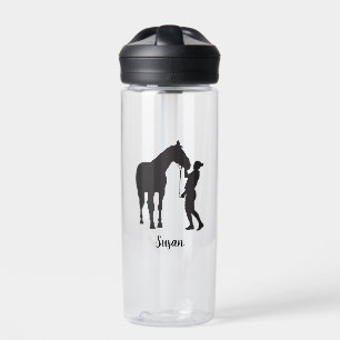 Personalised Name Girl with Horse in black colour Water Bottle