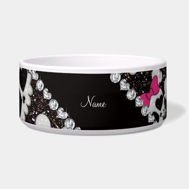 Personalised name glitter black skulls pink bows (Front)