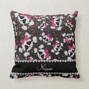 Personalised name glitter black skulls pink bows cushion