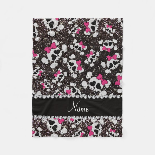 Personalised name glitter black skulls pink bows fleece blanket (Front)