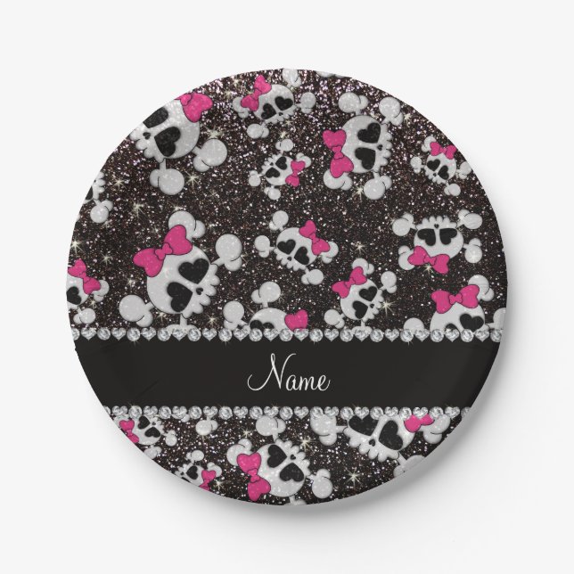 Personalised name glitter black skulls pink bows paper plate (Front)