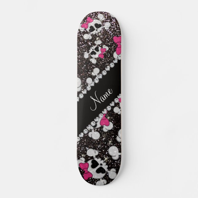 Personalised name glitter black skulls pink bows skateboard (Front)