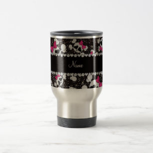 Personalised name glitter black skulls pink bows travel mug