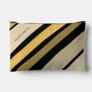 Personalised Name Gold Black Cream Stripes Accessory Pouch