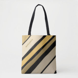 Personalised Name Gold Black Cream Stripes Tote Bag