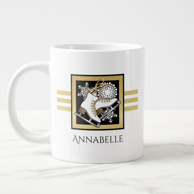 Personalised Name Gold Black White Ice Skating Large Coffee Mug (Left)