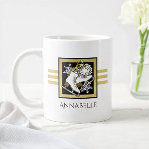 Personalised Name Gold Black White Ice Skating Large Coffee Mug