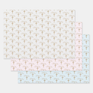 Personalised Name Gold Cross Christening Baptismal Wrapping Paper Sheet