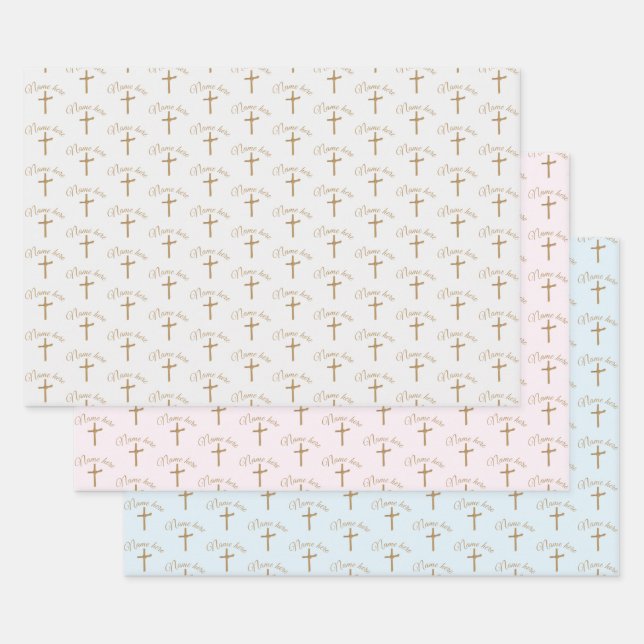 Personalised Name Gold Cross Christening Baptismal Wrapping Paper Sheet (Set)