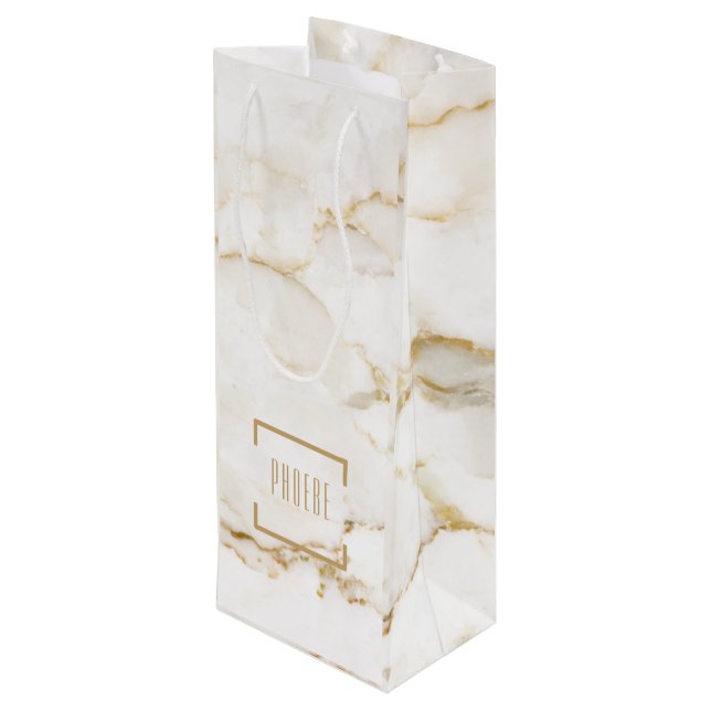 Personalised Name Gold Effect Marble Wine Gift Bag (Back Angled)