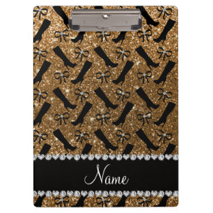 Personalised name gold glitter boots bows clipboard