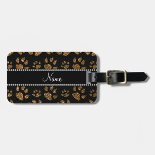Personalised name gold glitter cat paws luggage tag