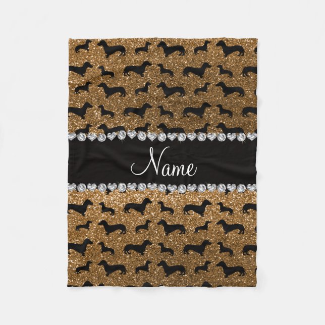 Personalised name gold glitter dachshunds fleece blanket (Front)